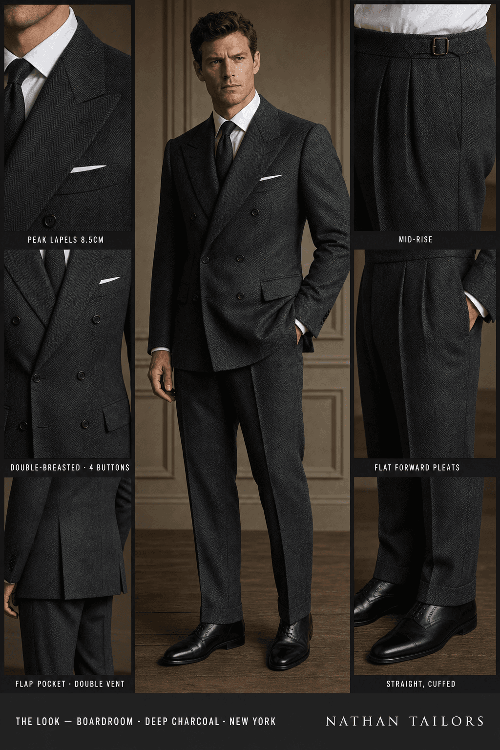 deep charcoal herringbone double-breasted peak-lapel bespoke suit — AI-rendered by Nathan Tailors, the Hoi An custom tailor. Available as a custom tailored suit from $129.