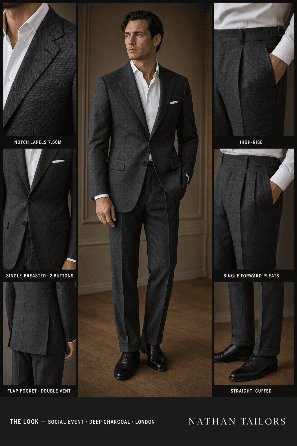 deep charcoal herringbone single-breasted notch-lapel bespoke suit — AI-rendered by Nathan Tailors, the Hoi An custom tailor. Available as a custom tailored suit from $129.