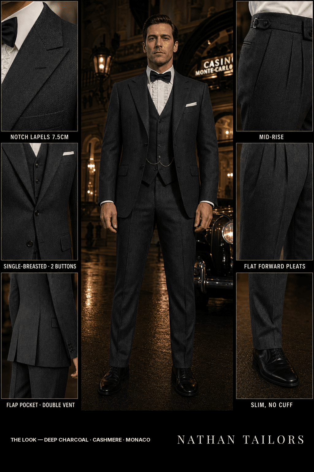 deep charcoal herringbone single-breasted bespoke suit — custom tailored by Nathan Tailors, the Hoi An custom tailor