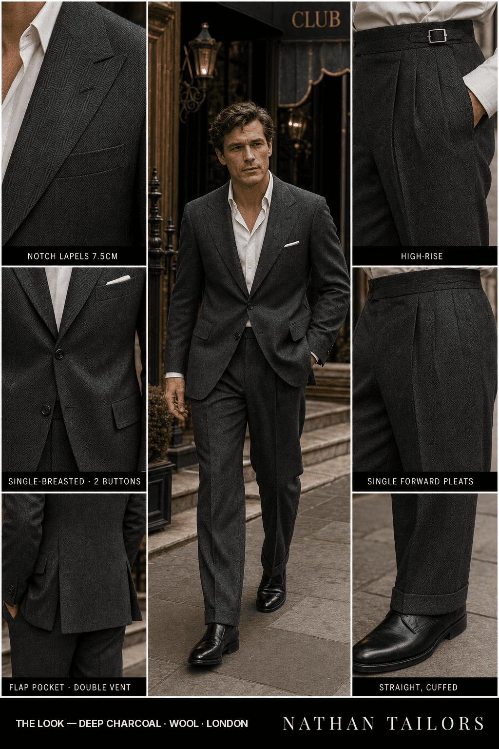 deep charcoal herringbone single-breasted notch-lapel bespoke suit — AI-rendered by Nathan Tailors, the Hoi An custom tailor. Available as a custom tailored suit from $149.