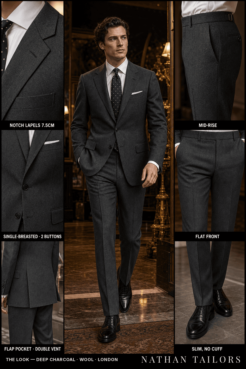 deep charcoal herringbone single-breasted bespoke suit — custom tailored by Nathan Tailors, the Hoi An custom tailor