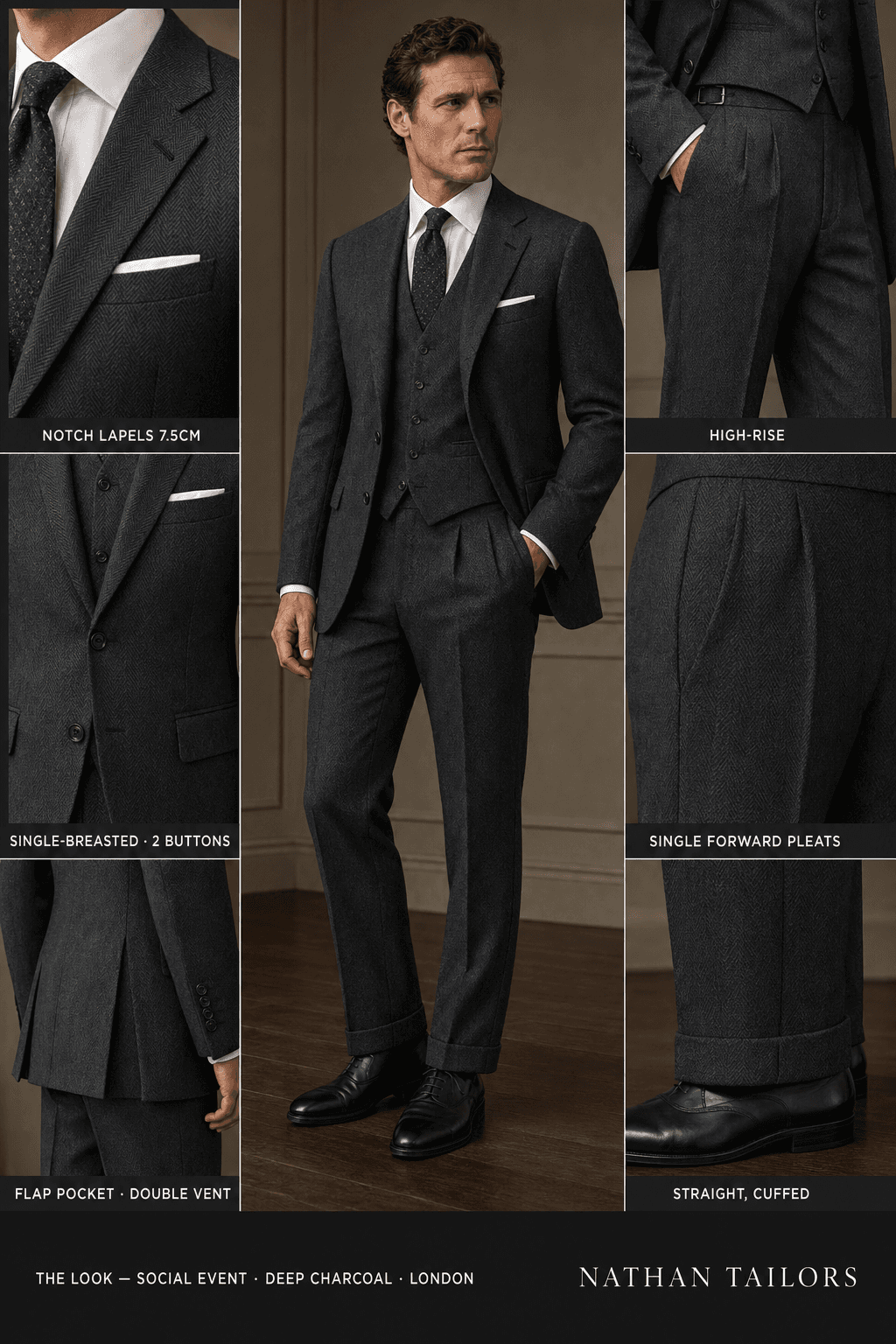 deep charcoal herringbone single-breasted notch-lapel bespoke suit — AI-rendered by Nathan Tailors, the Hoi An custom tailor. Available as a custom tailored suit from $129.