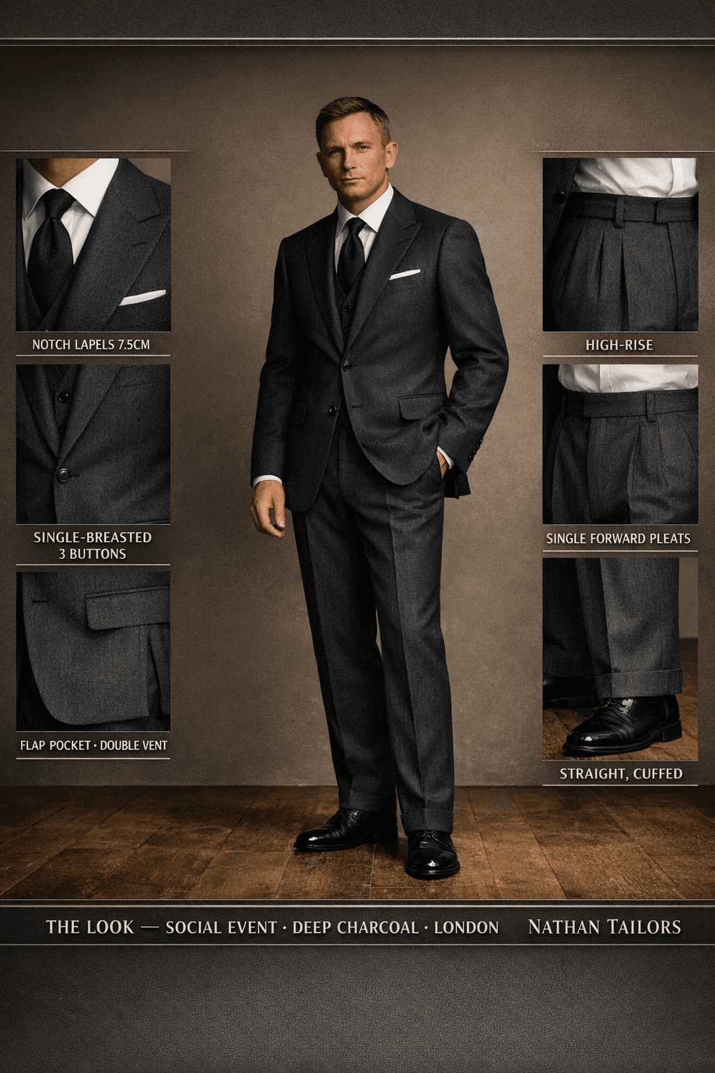 deep charcoal single-breasted suit — Nathan Tailors Hoi An tailor Atelier render