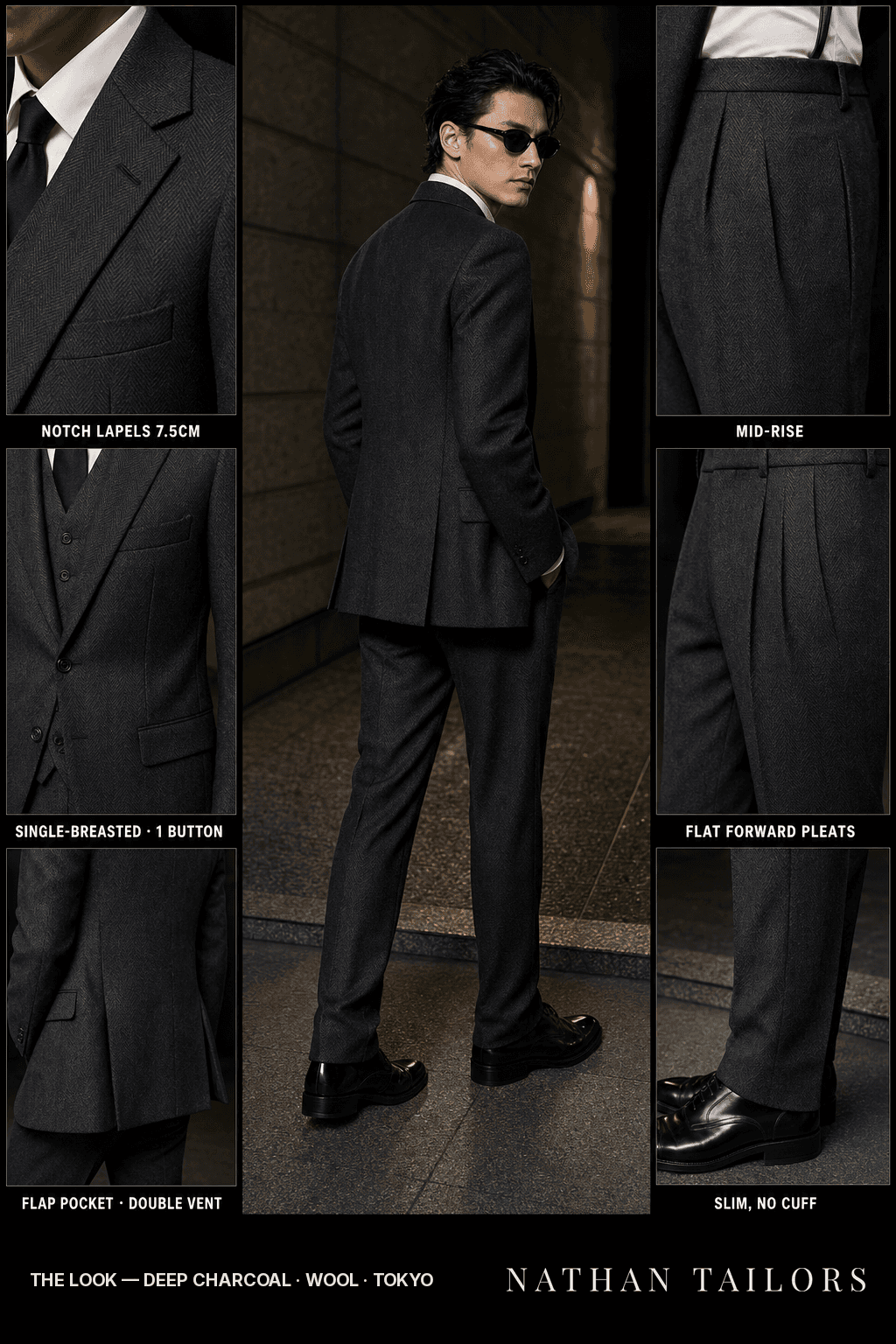 deep charcoal herringbone single-breasted bespoke suit — custom tailored by Nathan Tailors, the Hoi An custom tailor