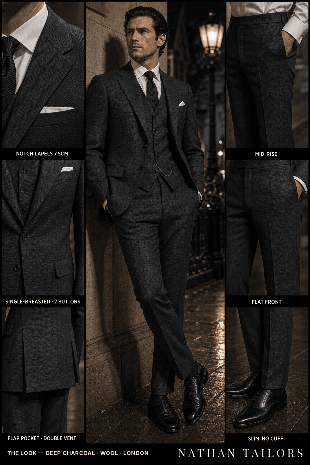 deep charcoal herringbone single-breasted bespoke suit — custom tailored by Nathan Tailors, the Hoi An custom tailor