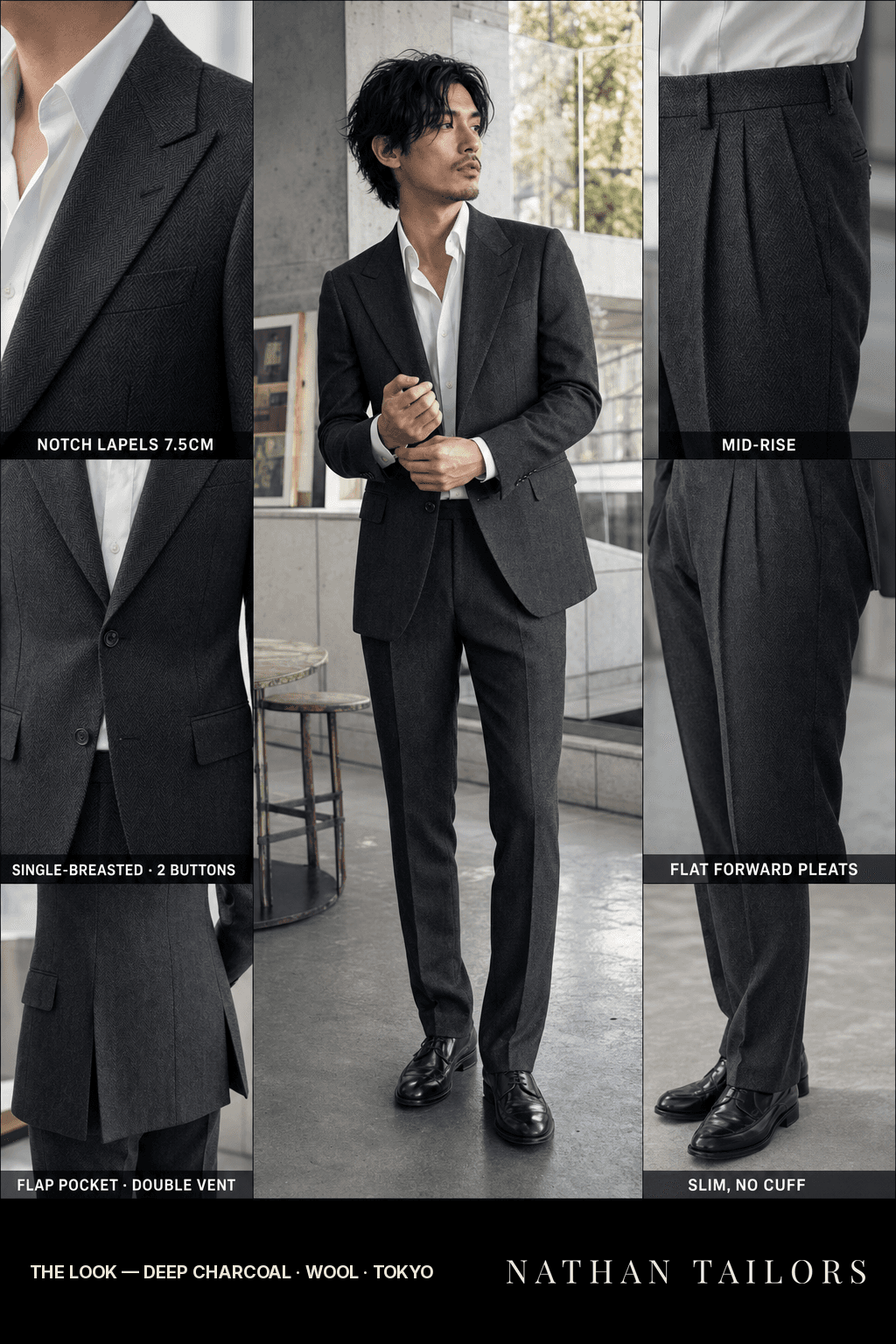 deep charcoal herringbone single-breasted bespoke suit — custom tailored by Nathan Tailors, the Hoi An custom tailor