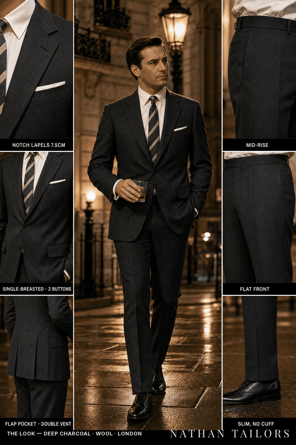 deep charcoal herringbone single-breasted bespoke suit — custom tailored by Nathan Tailors, the Hoi An custom tailor