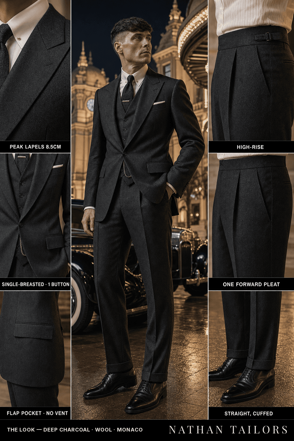 deep charcoal herringbone single-breasted bespoke suit — custom tailored by Nathan Tailors, the Hoi An custom tailor