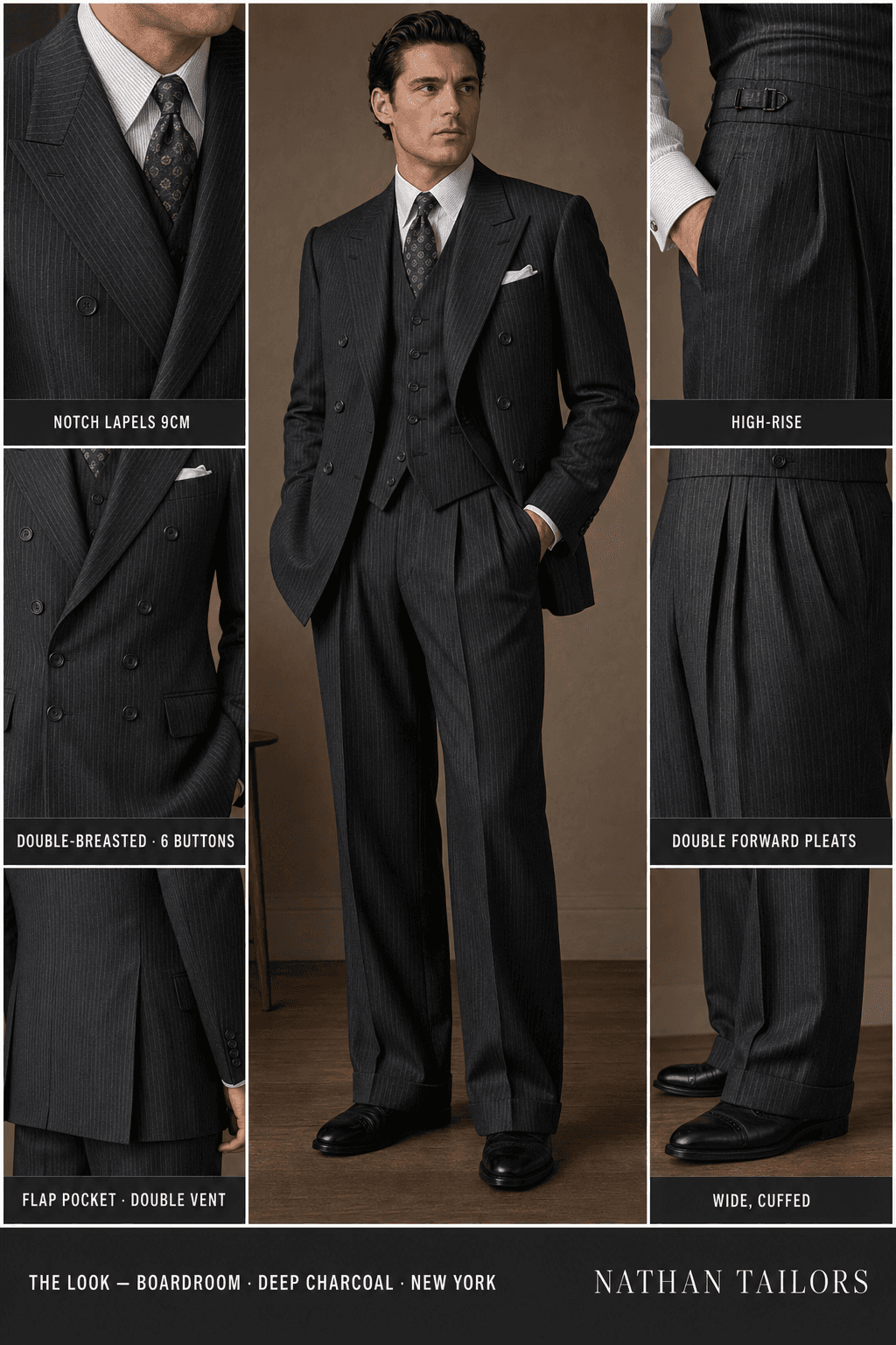 deep charcoal pinstripe double-breasted bespoke suit — custom tailored by Nathan Tailors, the Hoi An custom tailor