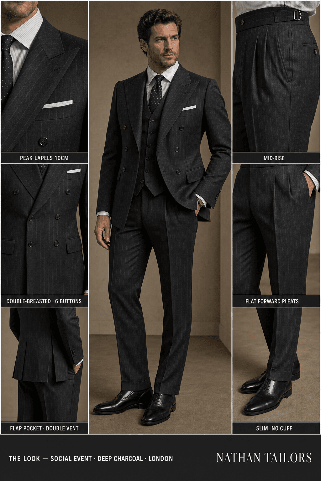 deep charcoal pinstripe double-breasted peak-lapel bespoke suit — AI-rendered by Nathan Tailors, the Hoi An custom tailor. Available as a custom tailored suit from $129.