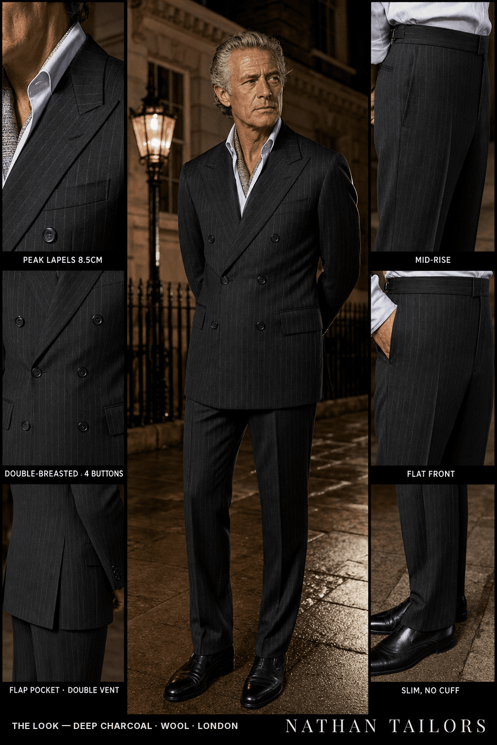 deep charcoal pinstripe double-breasted bespoke suit — custom tailored by Nathan Tailors, the Hoi An custom tailor