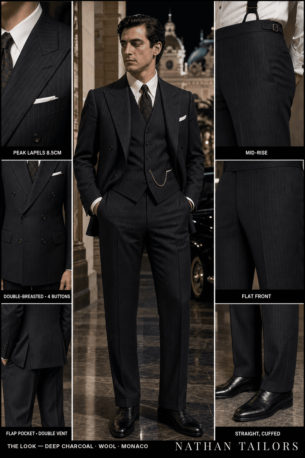 deep charcoal pinstripe double-breasted bespoke suit — custom tailored by Nathan Tailors, the Hoi An custom tailor