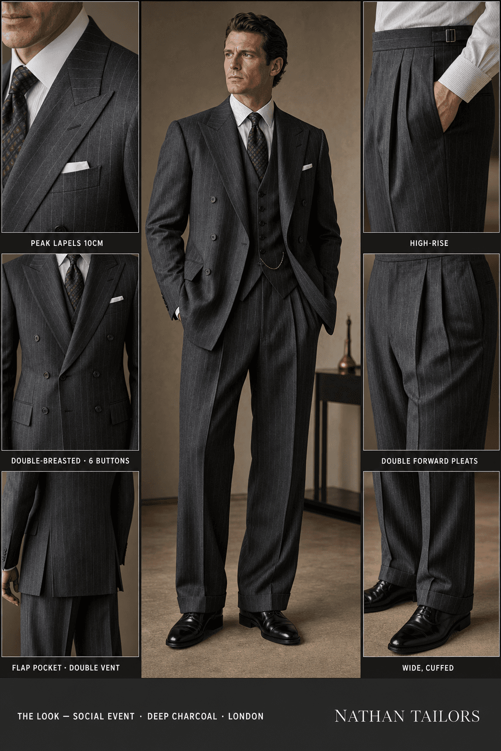 deep charcoal pinstripe double-breasted peak-lapel bespoke suit — AI-rendered by Nathan Tailors, the Hoi An custom tailor. Available as a custom tailored suit from $129.