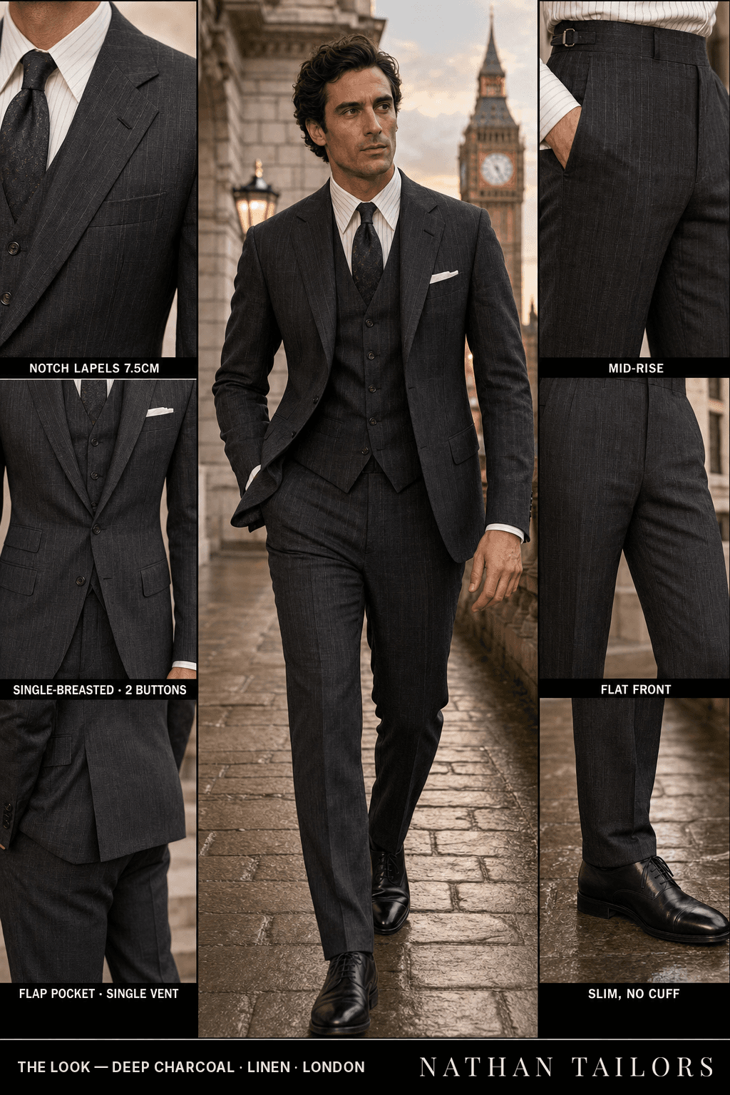 deep charcoal pinstripe single-breasted notch-lapel bespoke suit — AI-rendered by Nathan Tailors, the Hoi An custom tailor. Available as a custom tailored suit from $149.