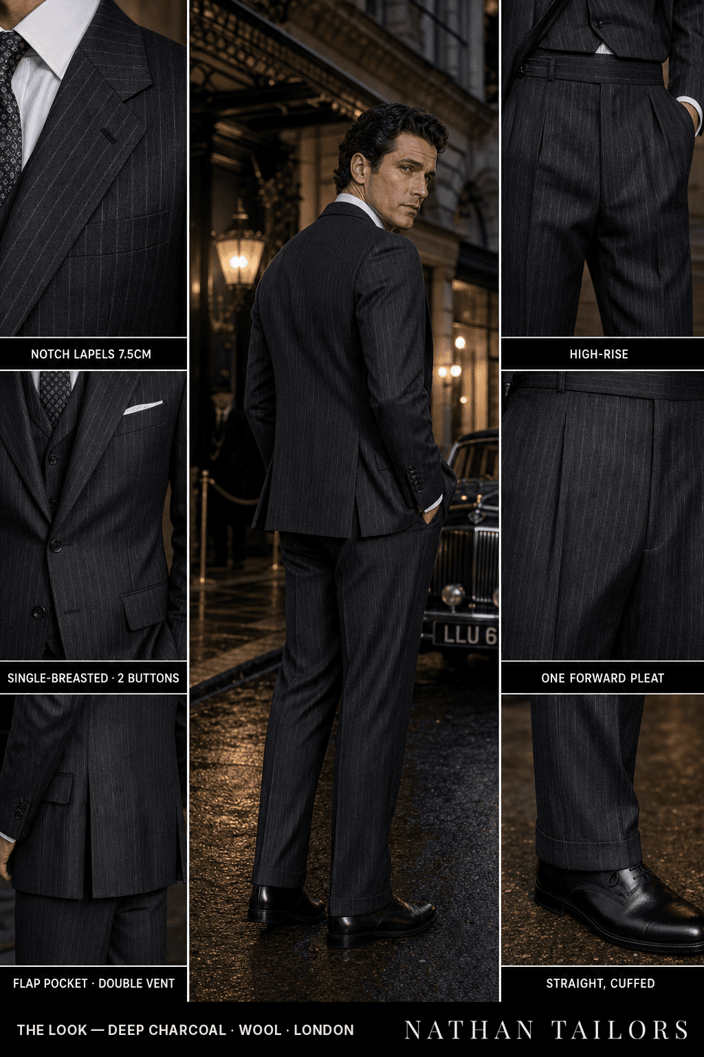deep charcoal pinstripe single-breasted bespoke suit — custom tailored by Nathan Tailors, the Hoi An custom tailor