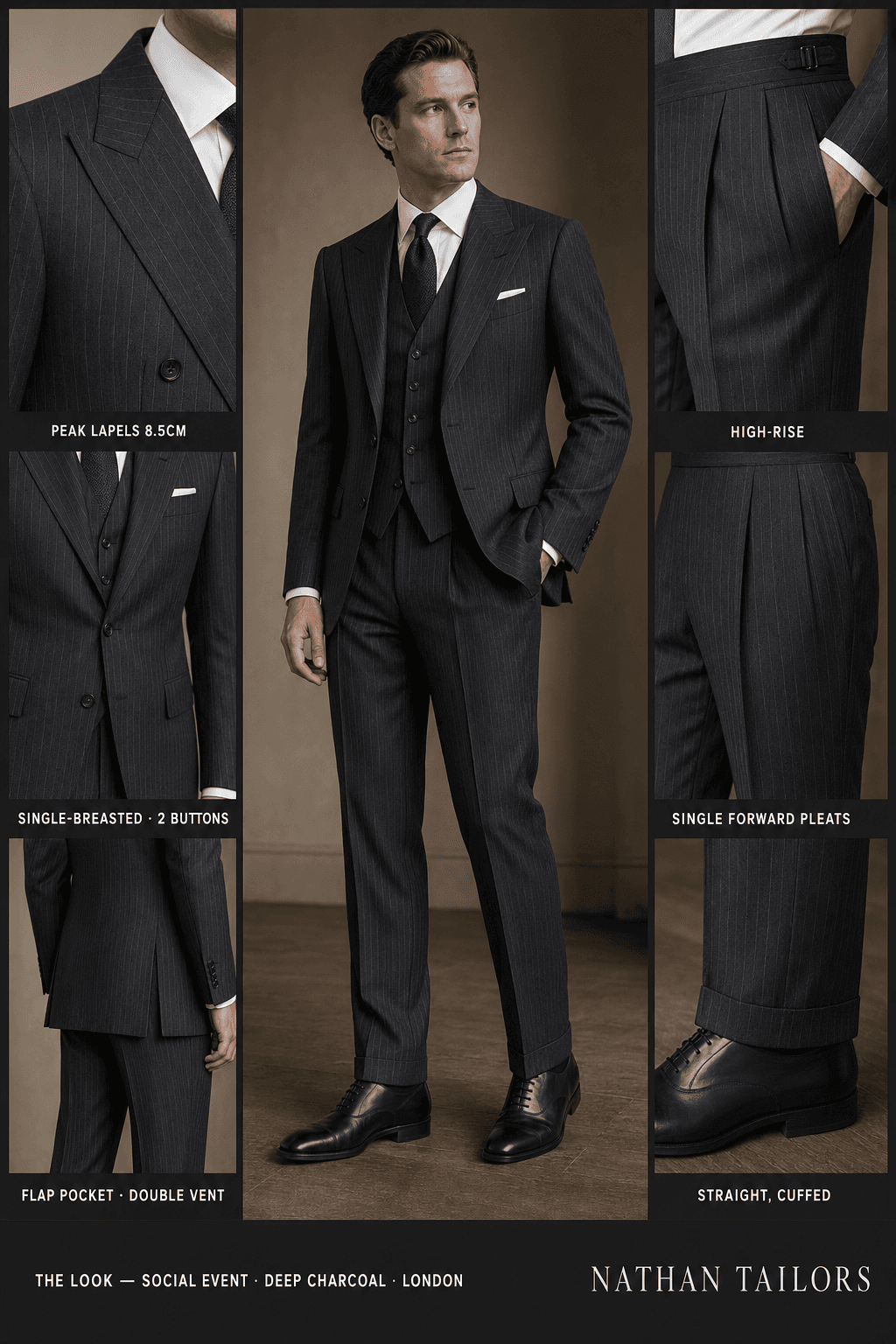 deep charcoal pinstripe single-breasted peak-lapel bespoke suit — AI-rendered by Nathan Tailors, the Hoi An custom tailor. Available as a custom tailored suit from $129.