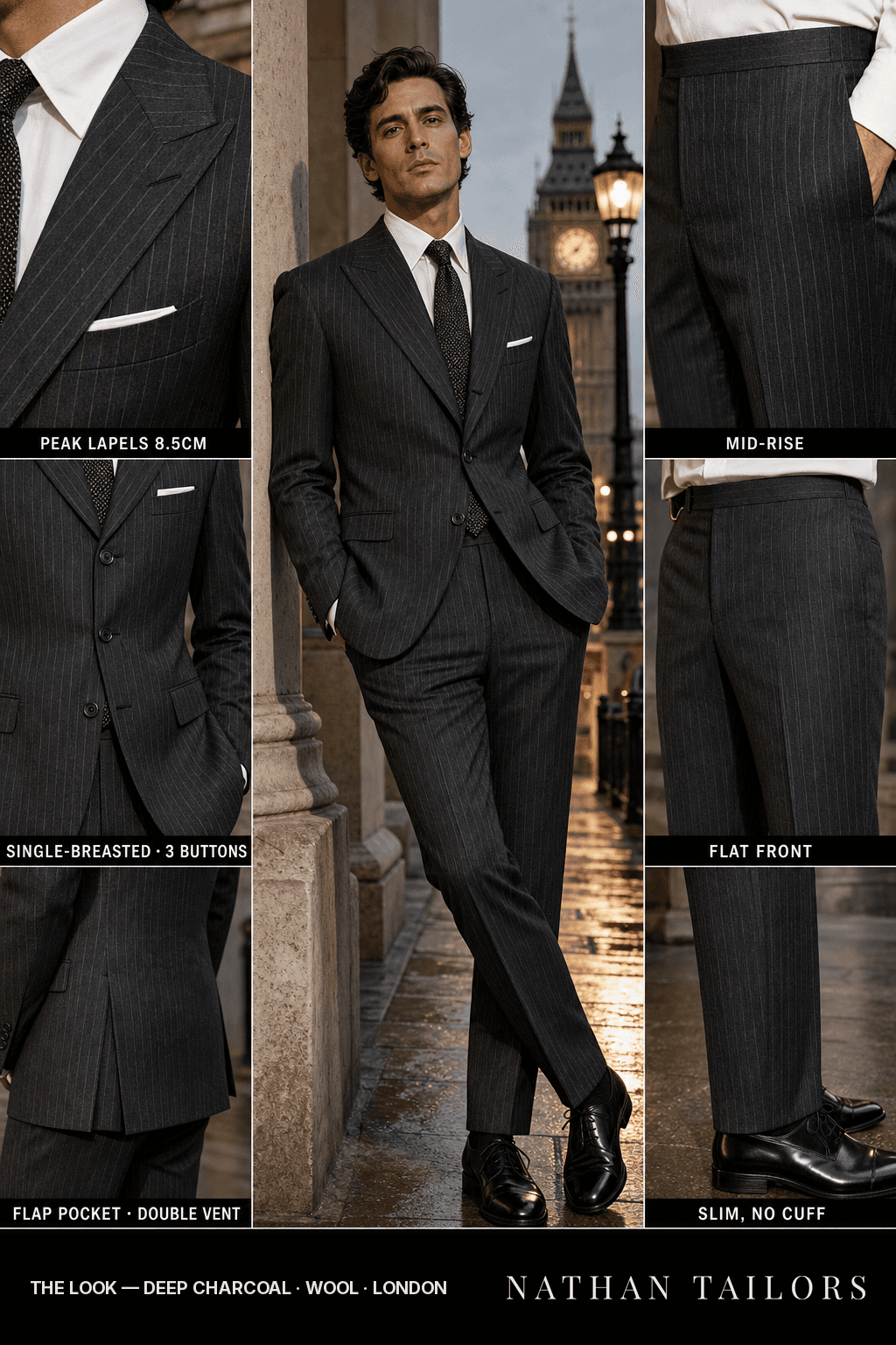 deep charcoal pinstripe single-breasted peak-lapel bespoke suit — AI-rendered by Nathan Tailors, the Hoi An custom tailor. Available as a custom tailored suit from $149.