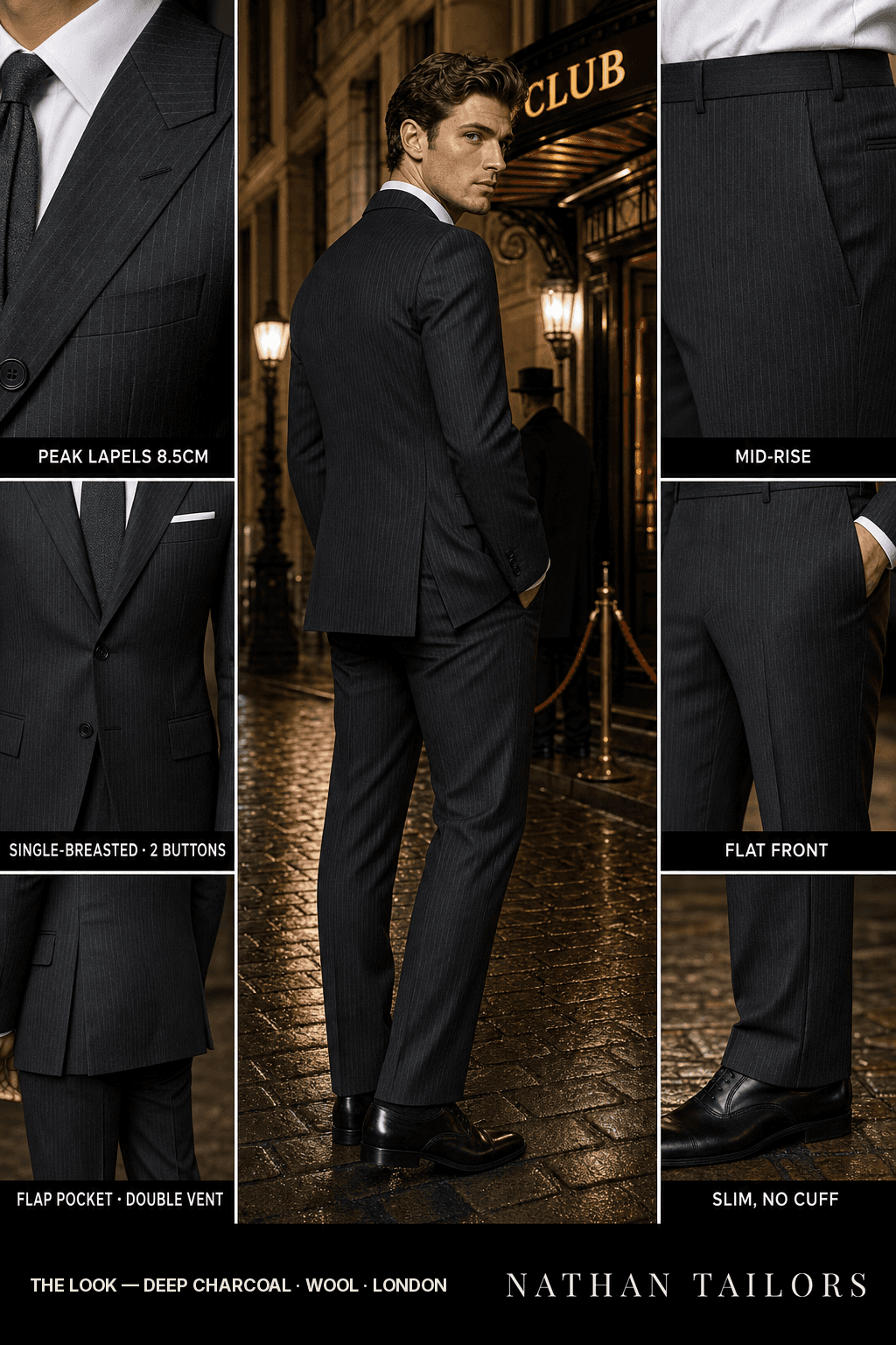 deep charcoal pinstripe single-breasted peak-lapel bespoke suit — AI-rendered by Nathan Tailors, the Hoi An custom tailor. Available as a custom tailored suit from $149.