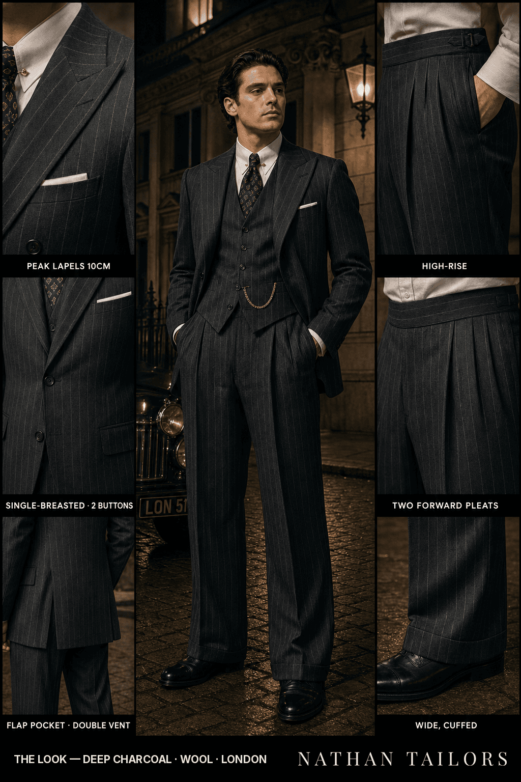 deep charcoal pinstripe single-breasted bespoke suit — custom tailored by Nathan Tailors, the Hoi An custom tailor