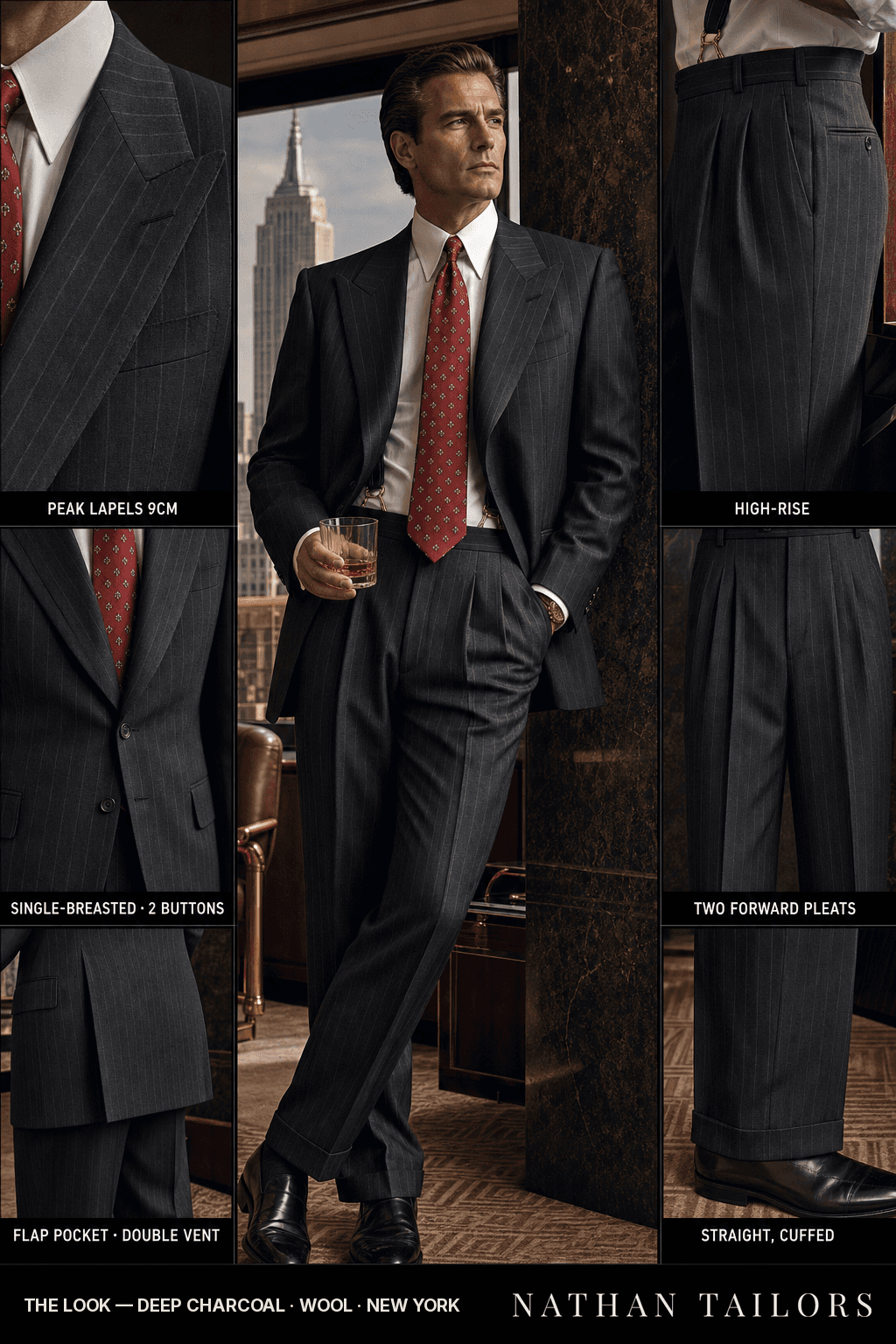 deep charcoal pinstripe single-breasted peak-lapel bespoke suit — AI-rendered by Nathan Tailors, the Hoi An custom tailor. Available as a custom tailored suit from $149.