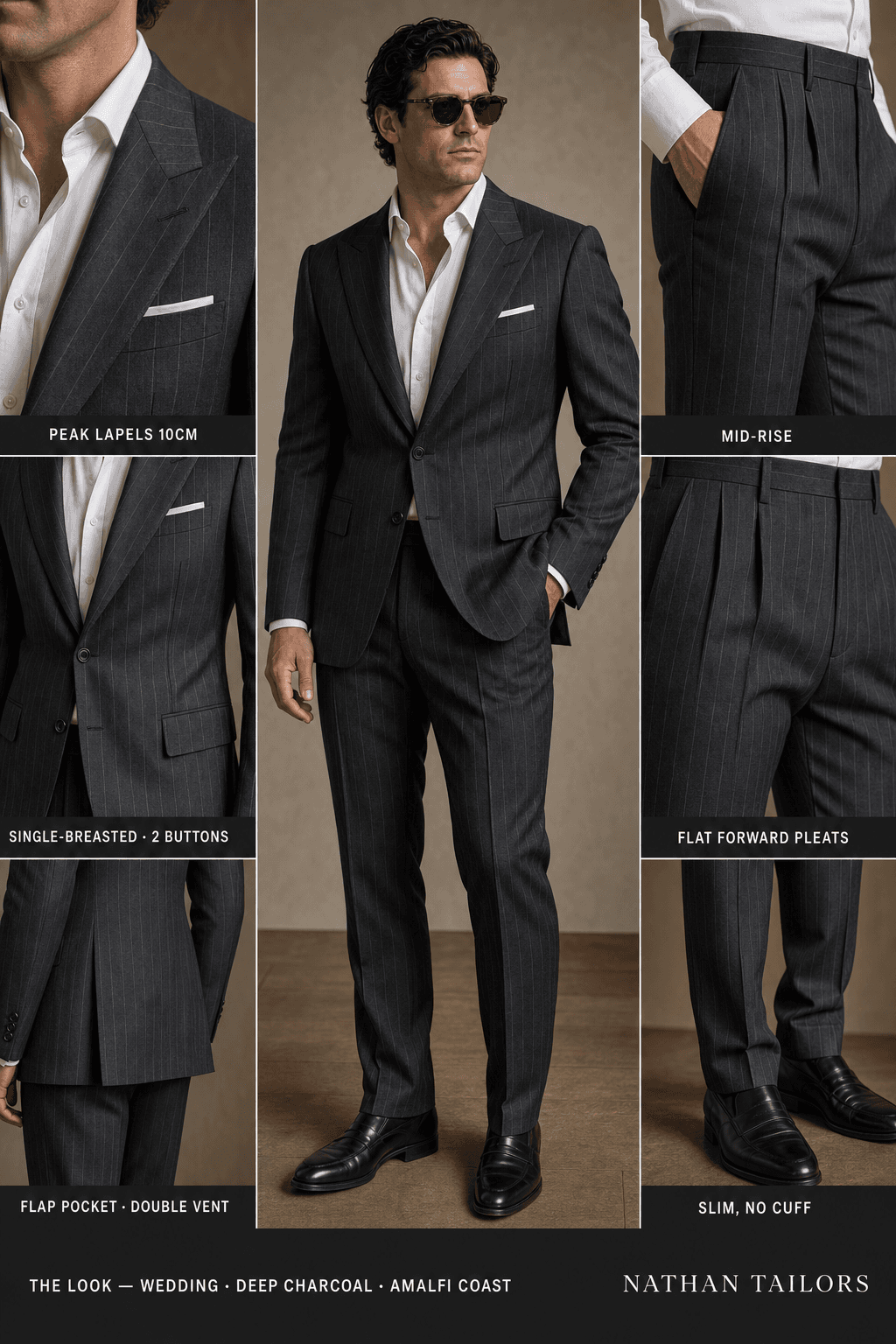 deep charcoal pinstripe single-breasted bespoke suit — custom tailored by Nathan Tailors, the Hoi An custom tailor