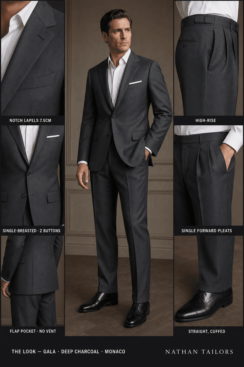 deep charcoal single-breasted notch-lapel bespoke suit — AI-rendered by Nathan Tailors, the Hoi An custom tailor. Available as a custom tailored suit from $129.