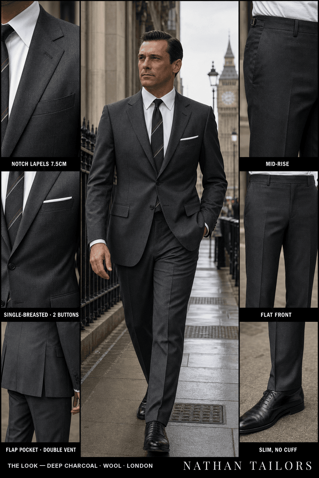 deep charcoal single-breasted bespoke suit — custom tailored by Nathan Tailors, the Hoi An custom tailor