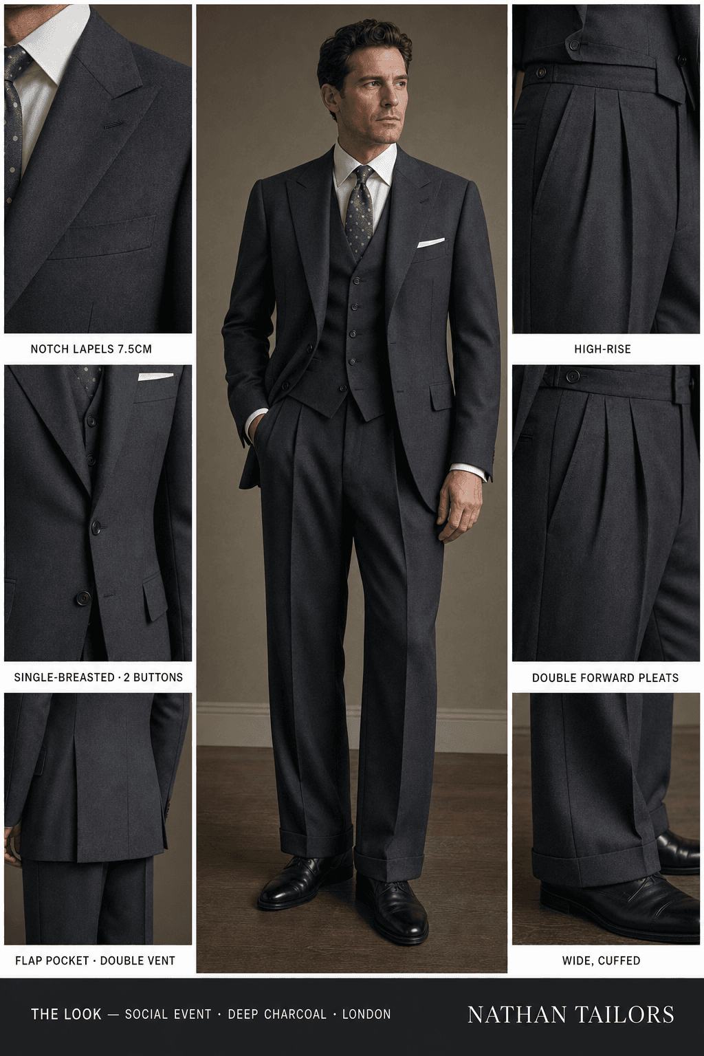 deep charcoal single-breasted notch-lapel bespoke suit — AI-rendered by Nathan Tailors, the Hoi An custom tailor. Available as a custom tailored suit from $129.