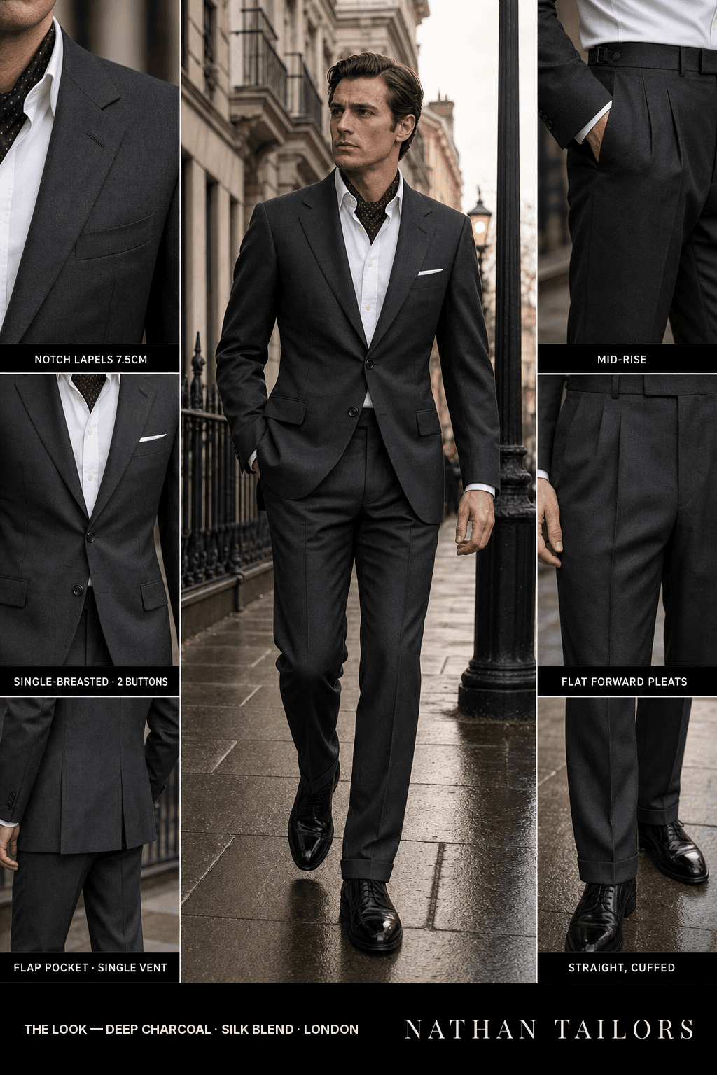 deep charcoal single-breasted bespoke suit — custom tailored by Nathan Tailors, the Hoi An custom tailor