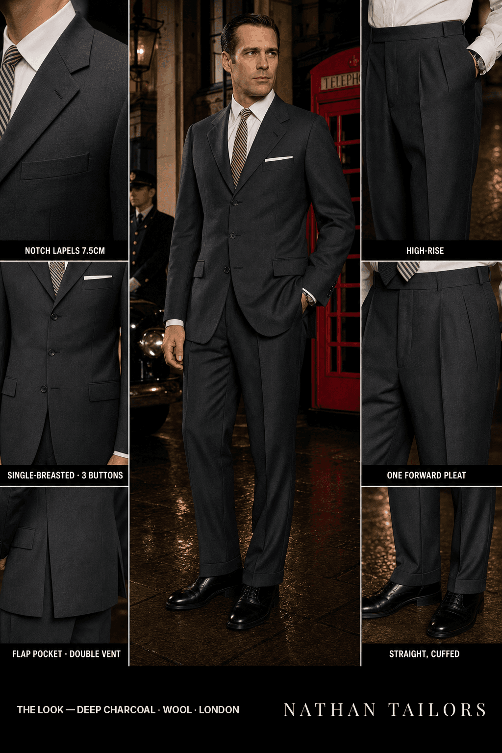 deep charcoal single-breasted notch-lapel bespoke suit — AI-rendered by Nathan Tailors, the Hoi An custom tailor. Available as a custom tailored suit from $149.