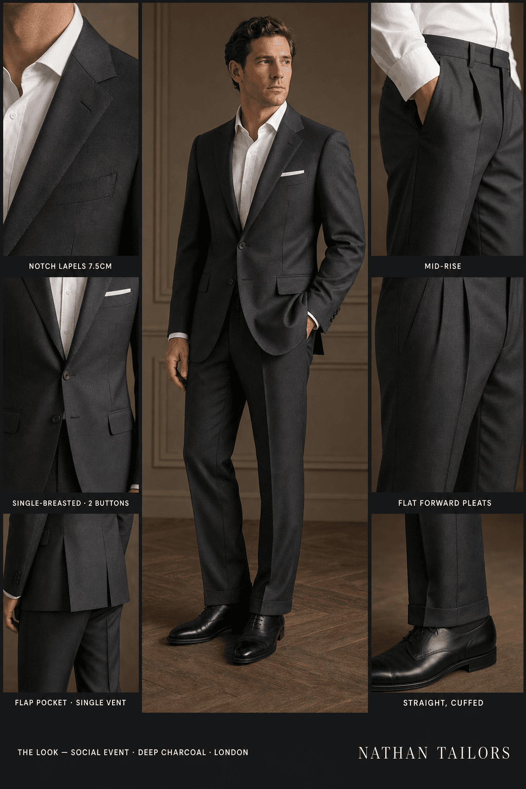 deep charcoal single-breasted bespoke suit — custom tailored by Nathan Tailors, the Hoi An custom tailor