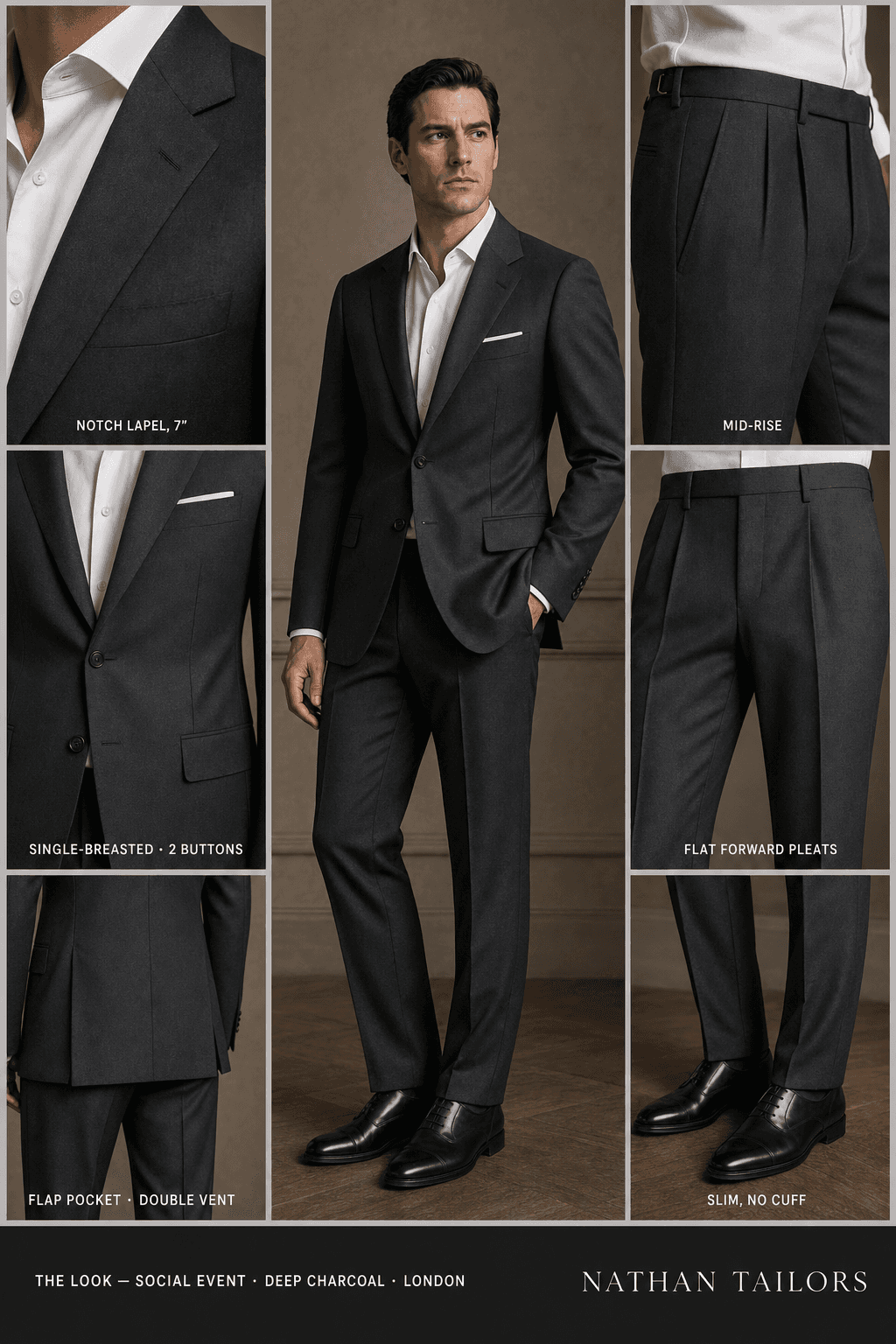 deep charcoal single-breasted bespoke suit — custom tailored by Nathan Tailors, the Hoi An custom tailor
