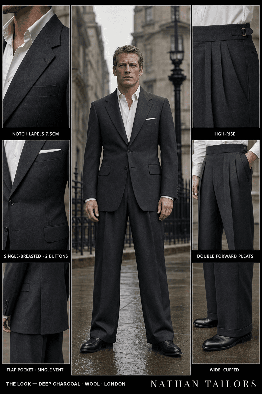 deep charcoal single-breasted bespoke suit — custom tailored by Nathan Tailors, the Hoi An custom tailor