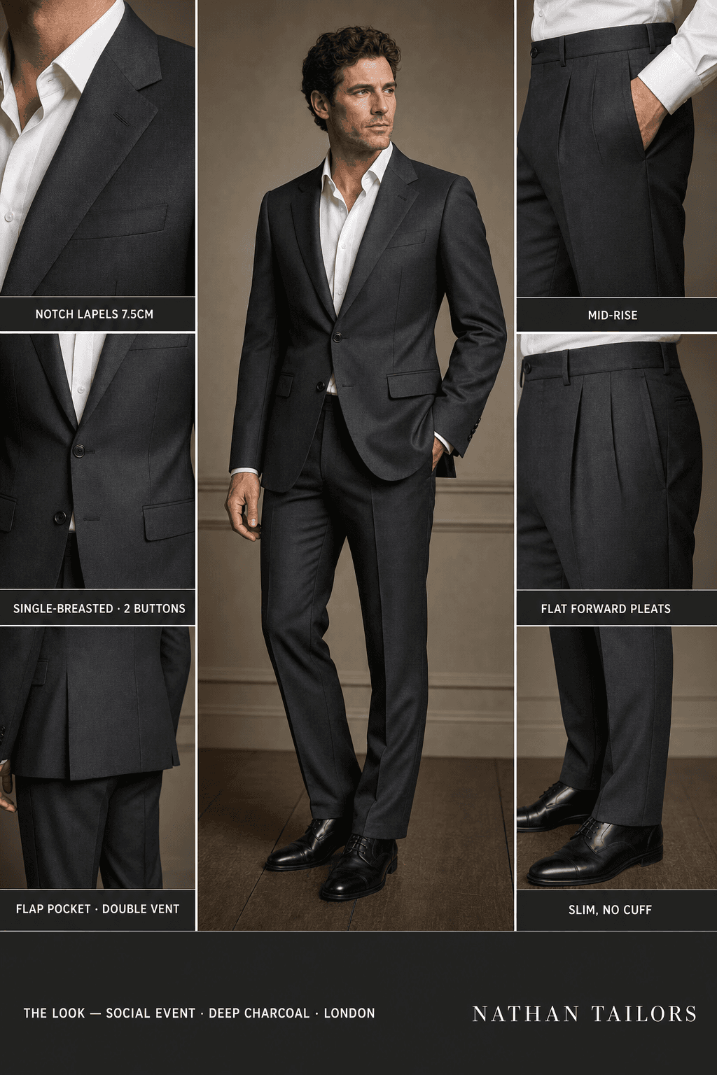 deep charcoal single-breasted bespoke suit — custom tailored by Nathan Tailors, the Hoi An custom tailor