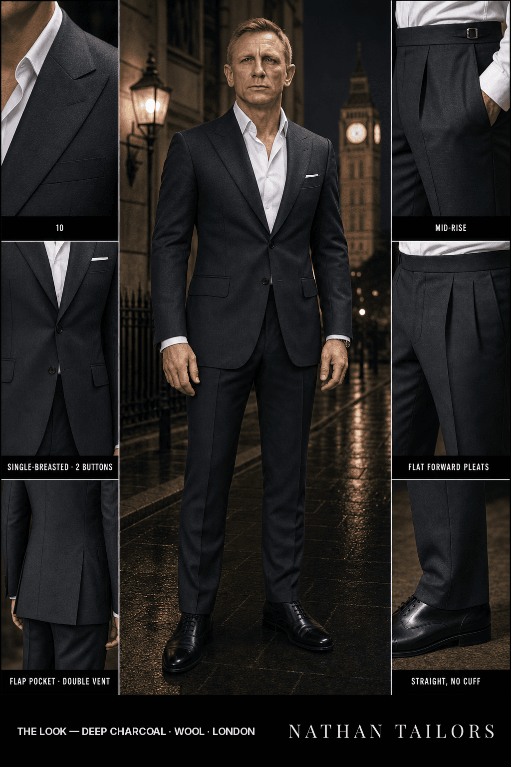 deep charcoal single-breasted notch-lapel bespoke suit — AI-rendered by Nathan Tailors, the Hoi An custom tailor. Available as a custom tailored suit from $149.