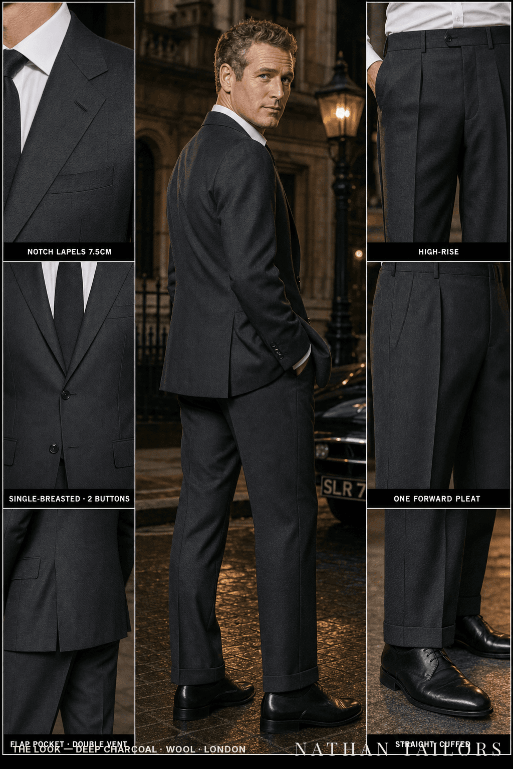 deep charcoal single-breasted bespoke suit — custom tailored by Nathan Tailors, the Hoi An custom tailor