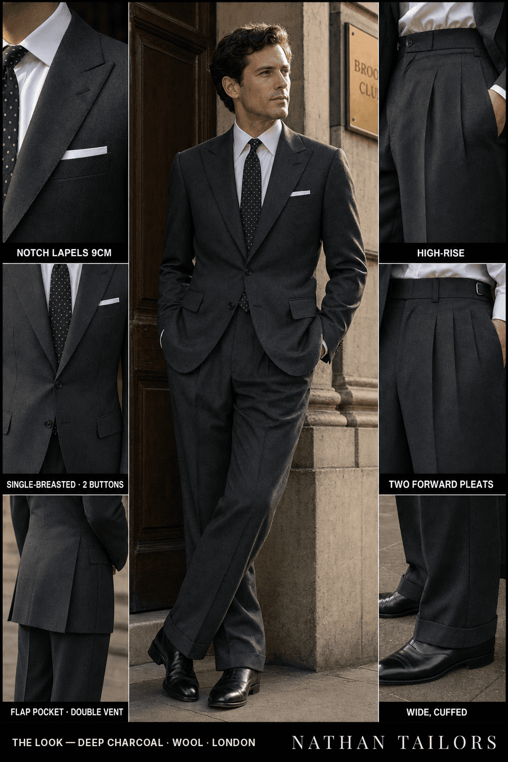 deep charcoal single-breasted notch-lapel bespoke suit — AI-rendered by Nathan Tailors, the Hoi An custom tailor. Available as a custom tailored suit from $149.