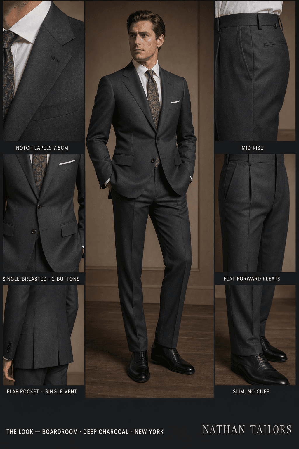 deep charcoal single-breasted notch-lapel bespoke suit — AI-rendered by Nathan Tailors, the Hoi An custom tailor. Available as a custom tailored suit from $129.