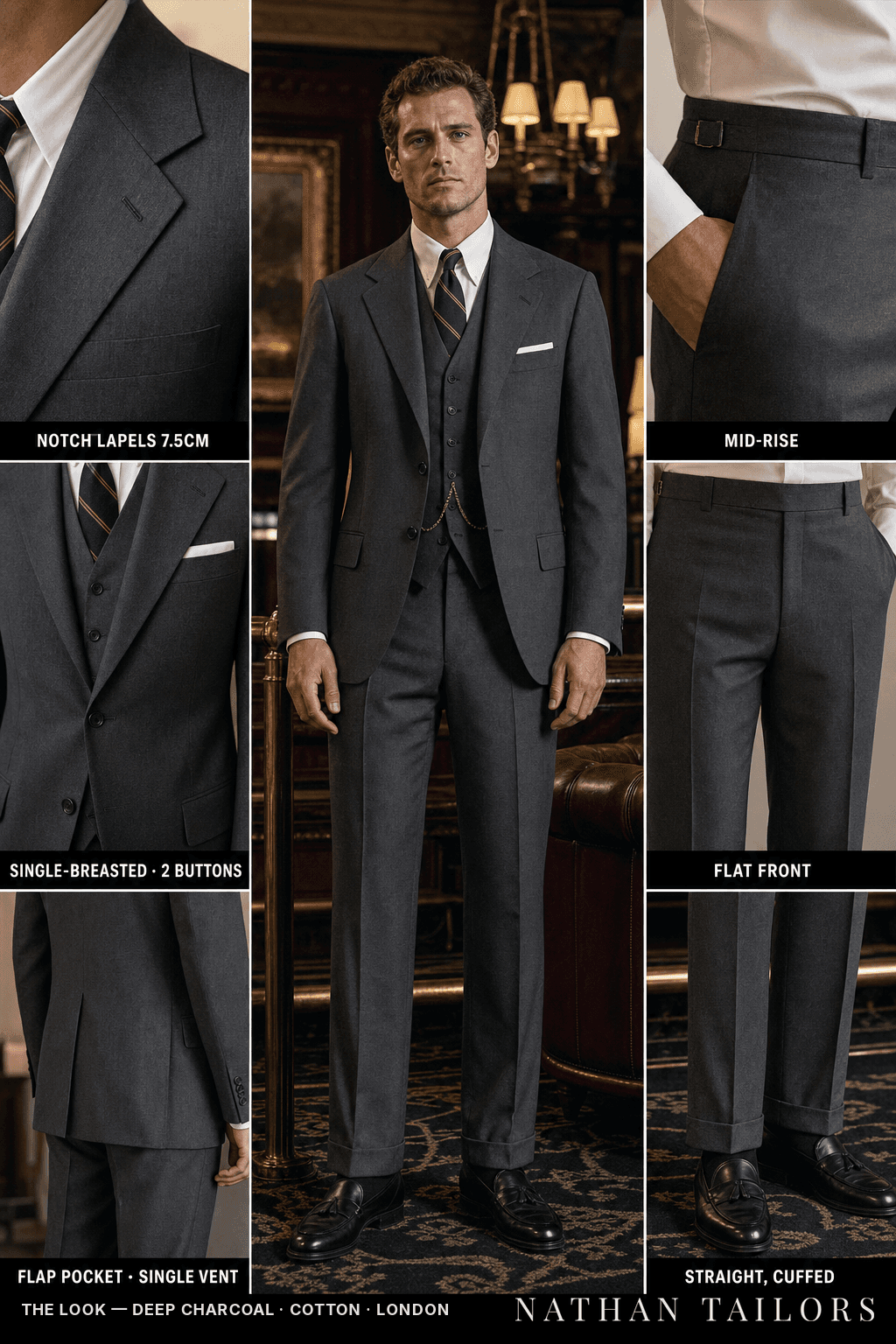 deep charcoal single-breasted bespoke suit — custom tailored by Nathan Tailors, the Hoi An custom tailor