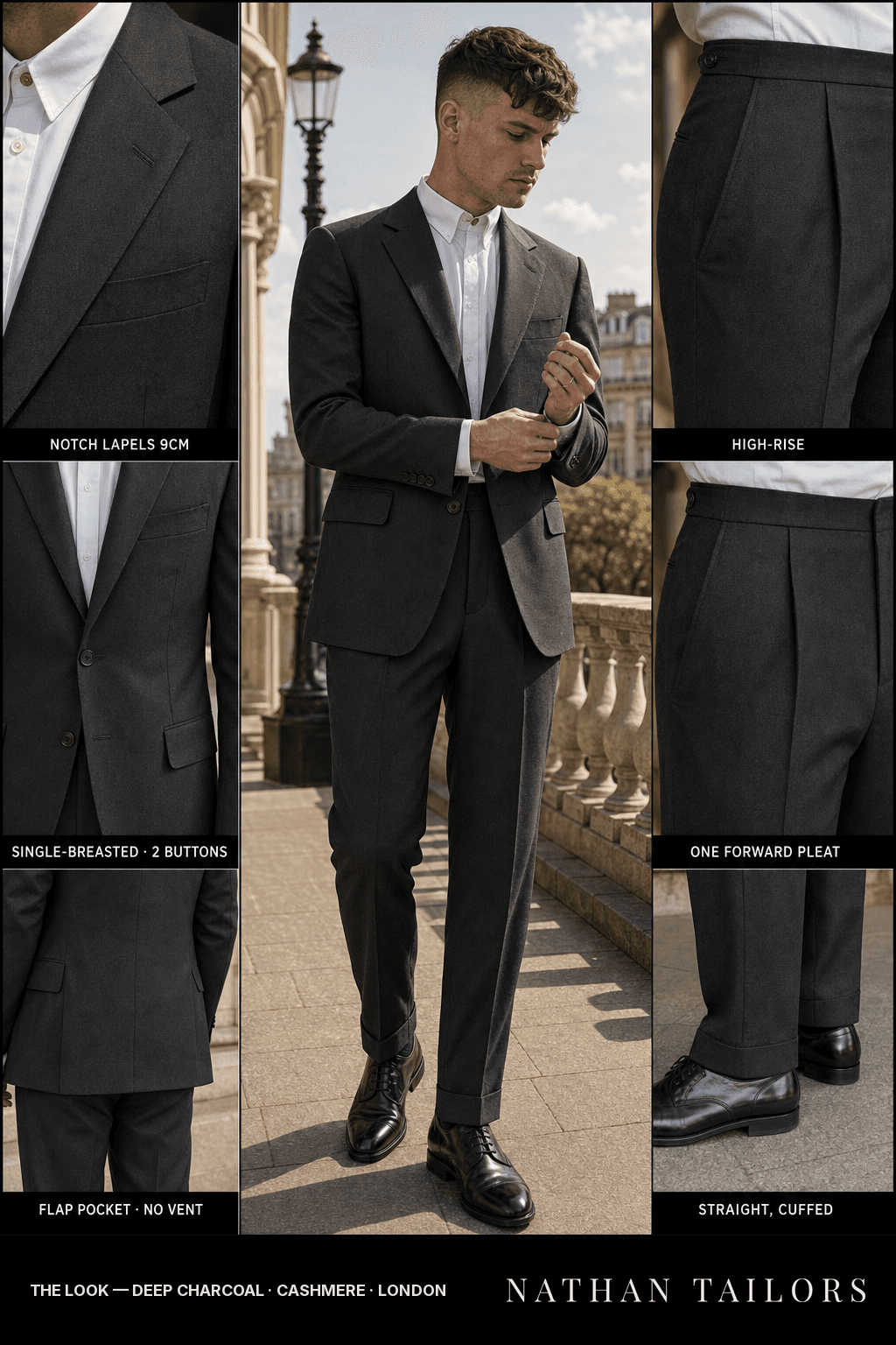 deep charcoal single-breasted notch-lapel bespoke suit — AI-rendered by Nathan Tailors, the Hoi An custom tailor. Available as a custom tailored suit from $149.