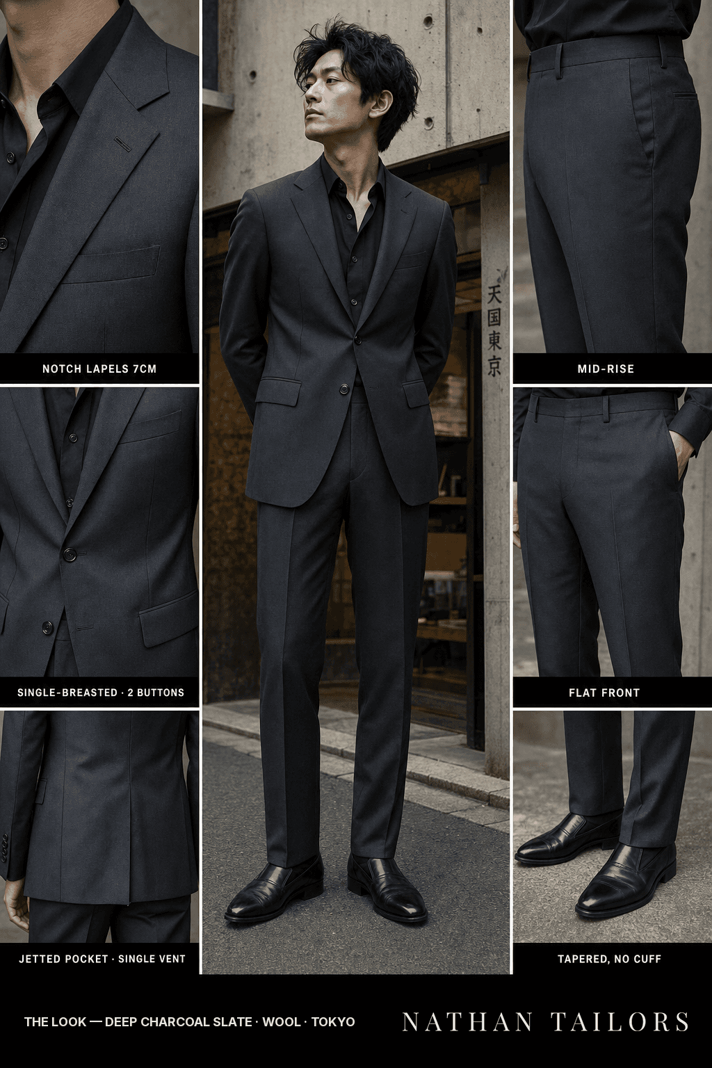 deep charcoal slate single-breasted suit — Nathan Tailors Hoi An tailor Atelier render