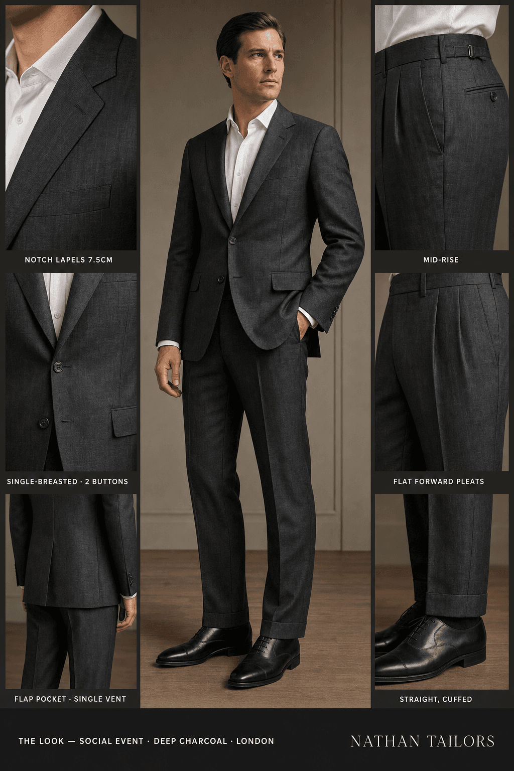 deep charcoal single-breasted notch-lapel bespoke suit — AI-rendered by Nathan Tailors, the Hoi An custom tailor. Available as a custom tailored suit from $129.