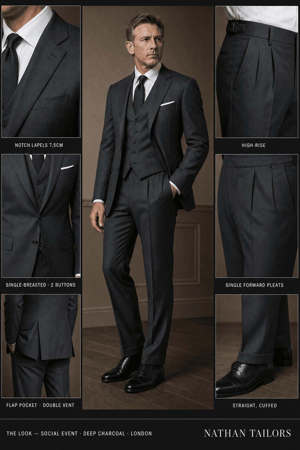 deep charcoal single-breasted bespoke suit — custom tailored by Nathan Tailors, the Hoi An custom tailor