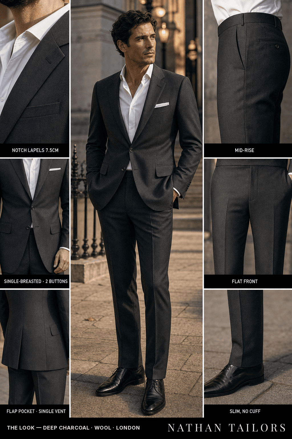 deep charcoal single-breasted bespoke suit — custom tailored by Nathan Tailors, the Hoi An custom tailor