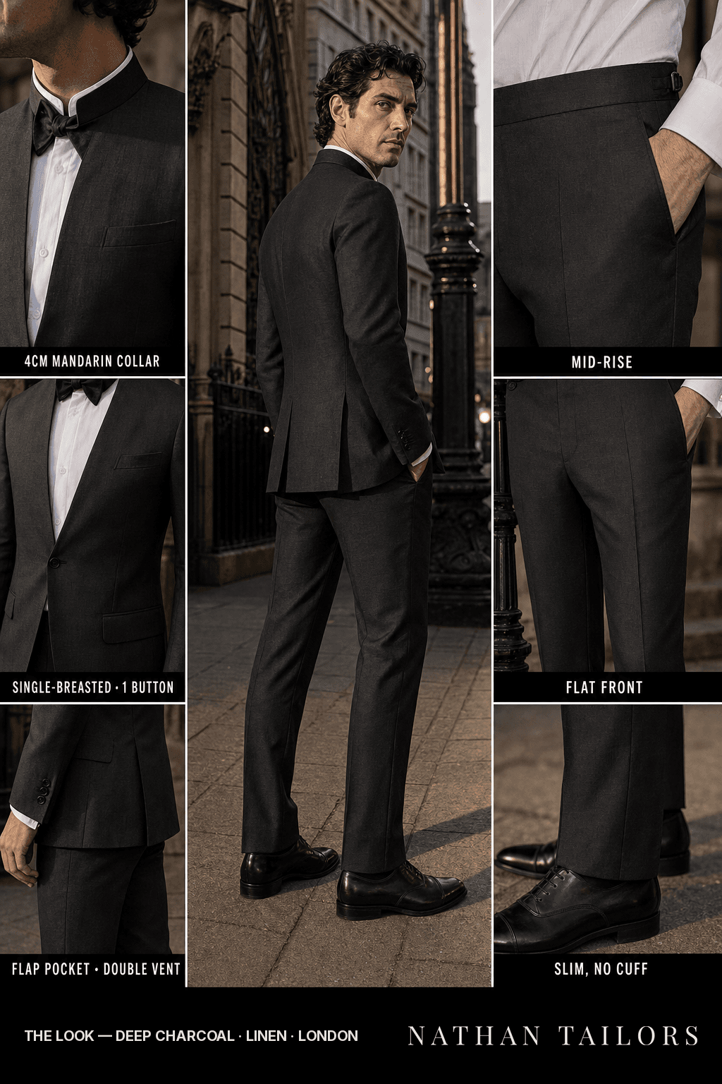 deep charcoal single-breasted bespoke suit — custom tailored by Nathan Tailors, the Hoi An custom tailor