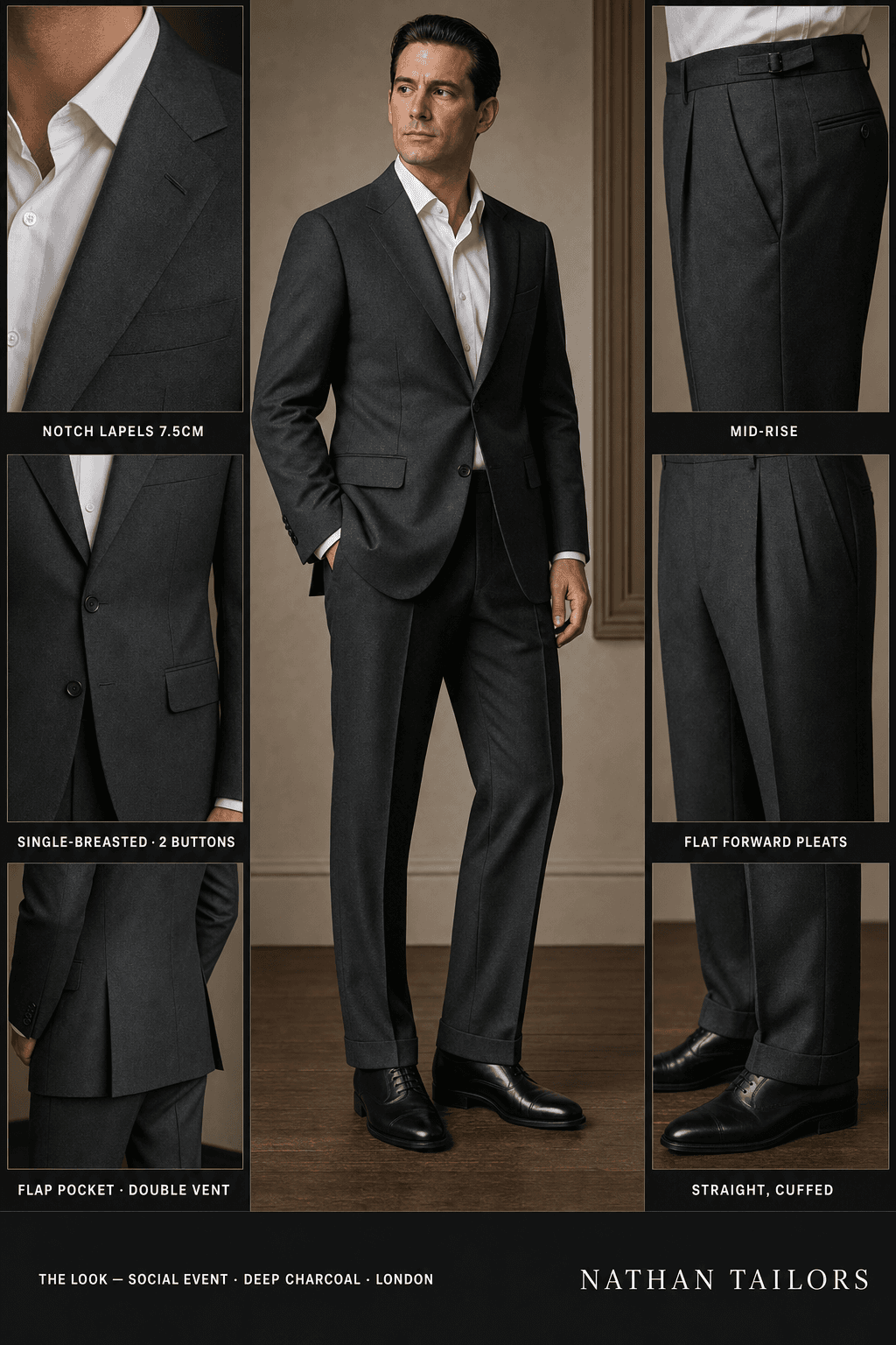 deep charcoal single-breasted notch-lapel bespoke suit — AI-rendered by Nathan Tailors, the Hoi An custom tailor. Available as a custom tailored suit from $129.