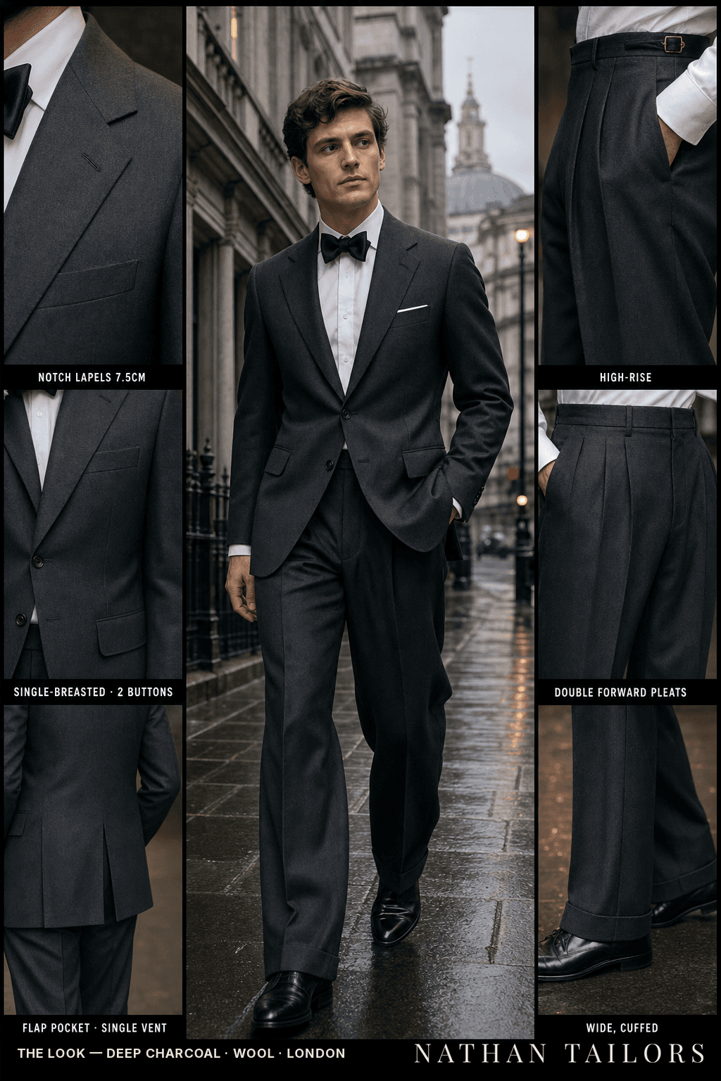 deep charcoal single-breasted bespoke suit — custom tailored by Nathan Tailors, the Hoi An custom tailor