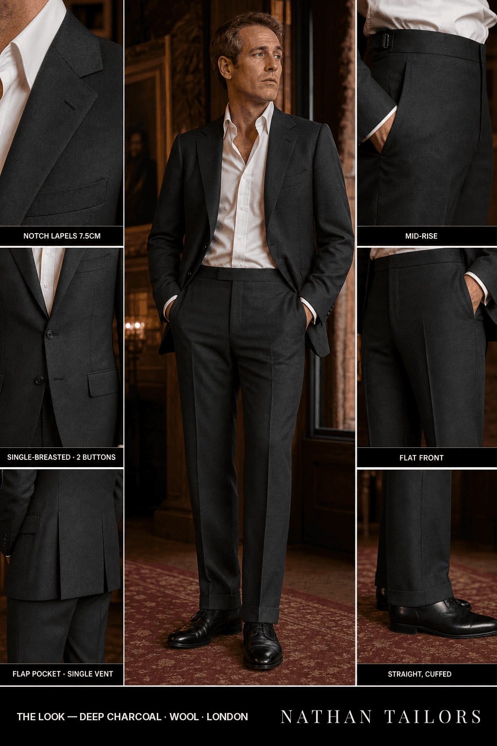 deep charcoal single-breasted bespoke suit — custom tailored by Nathan Tailors, the Hoi An custom tailor