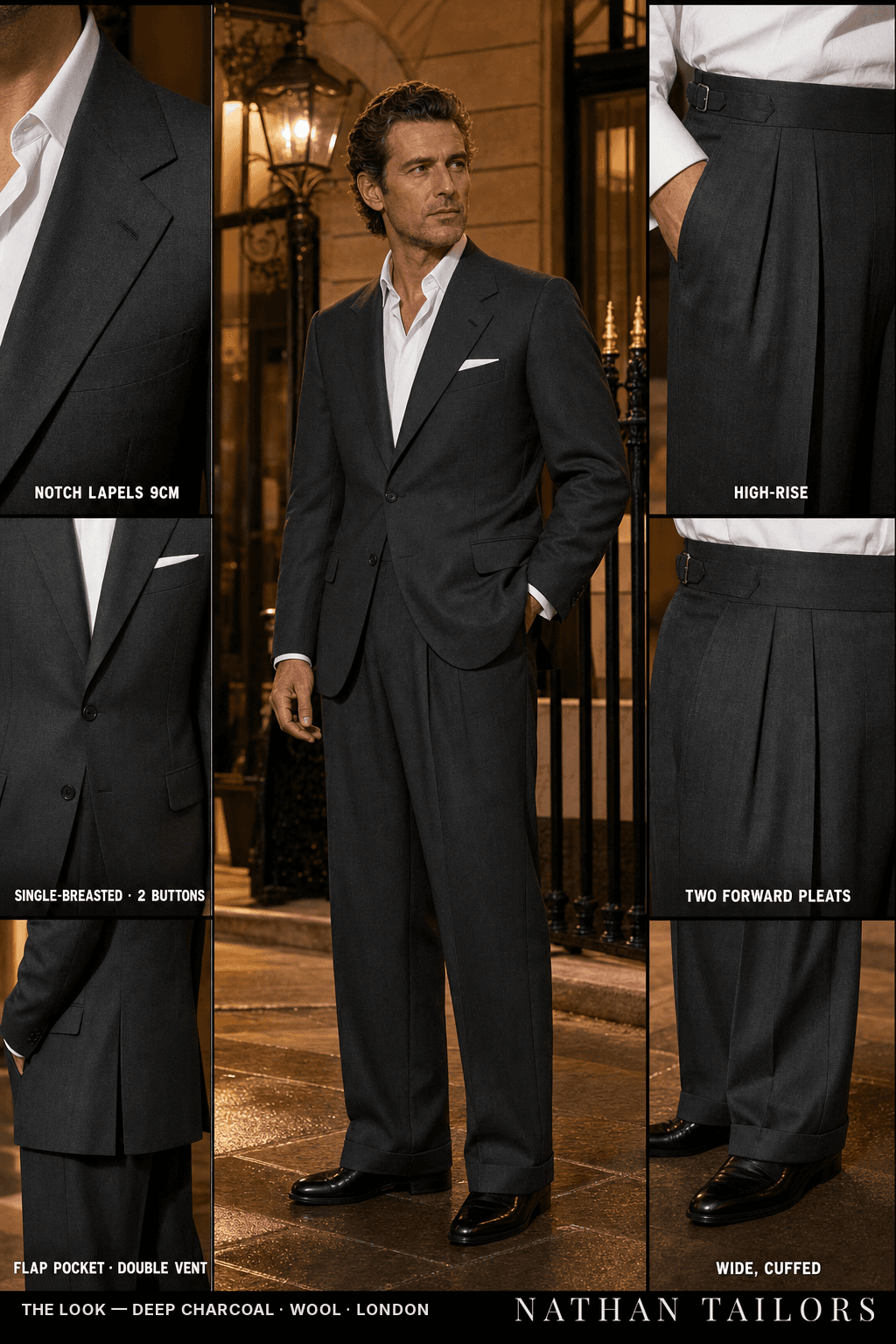 deep charcoal single-breasted notch-lapel bespoke suit — AI-rendered by Nathan Tailors, the Hoi An custom tailor. Available as a custom tailored suit from $149.