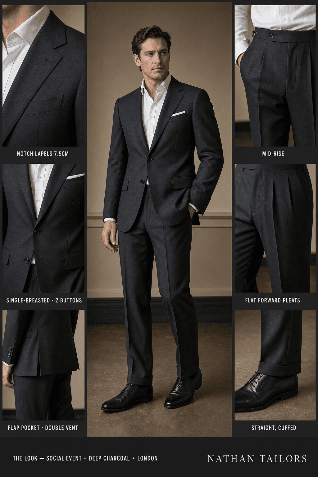 deep charcoal single-breasted bespoke suit — custom tailored by Nathan Tailors, the Hoi An custom tailor